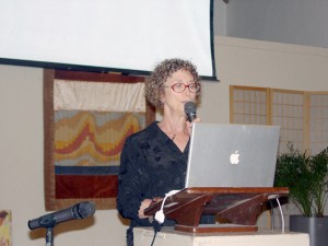 Janet Kobren talking at a fundraiser for the 2010 Gaza freedom flotilla. Ms Kobren participated in the Flotilla and organized the fundraiser