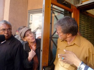 Andres Soto and Andrea Prichett talk with Richard Pirodsky at the door of KPFA during recent rally in support of the Morning Mix