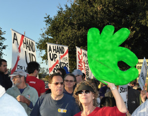 Janet Kobren at a protest at the San Leandro Walmart, 2013